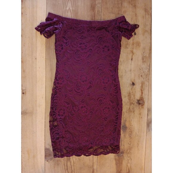 Ambiance Lace Mini Dress Womens S Wine Off The Shoulder Bodycon Sheer Sleeve - Picture 6 of 6